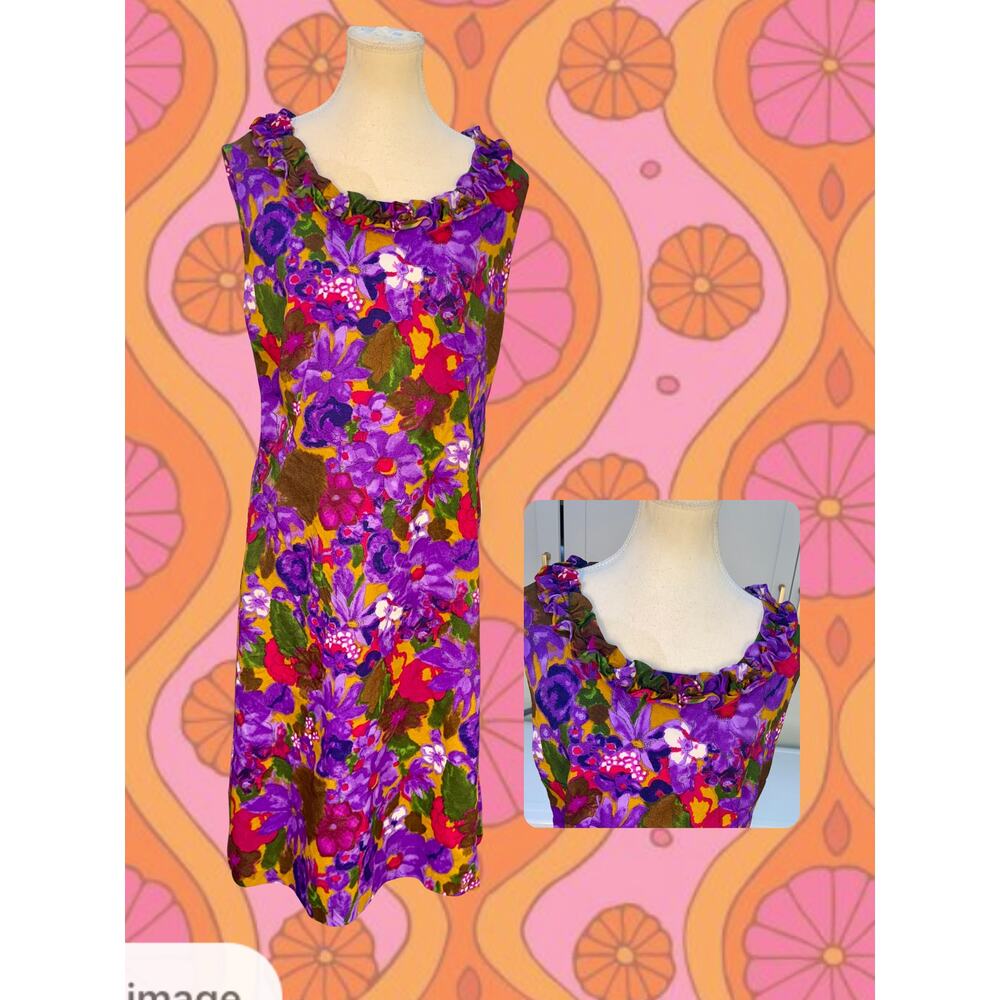 Vintage 1960s Flower Power Floral Mod Sleeveless Ruffled Neck Shift Dress XL - Picture 2 of 4